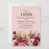 Pink Burgundy Floral Gold Glitter 100th Birthday Kaart (Voorkant)