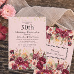 Pink Burgundy Floral Gold Glitter 50th Birthday Kaart<br><div class="desc">Elegant roze en Bourgogne waterverf floral and greenery 50e verjaardagsfeest met gouden glitter. Neem contact met mij op voor hulp bij aanpassingen of om aanvullende Zazzle-producten aan te vragen of te coördineren voor uw viering.</div>