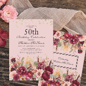 Pink Burgundy Floral Gold Glitter 50th Birthday Kaart