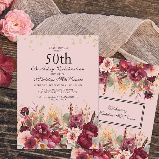 Pink Burgundy Floral Gold Glitter 50th Birthday Kaart