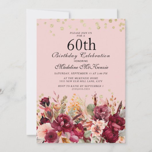 Pink Burgundy Floral Gold Glitter 60th Birthday Kaart (Voorkant)
