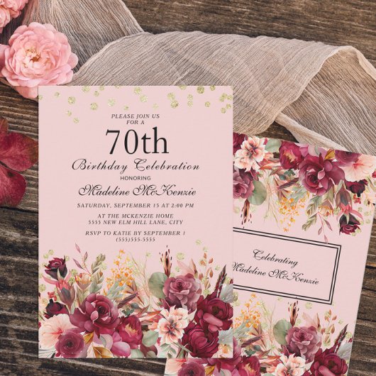 Pink Burgundy Floral Gold Glitter 70th Birthday Kaart
