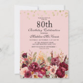 Pink Burgundy Floral Gold Glitter 80th Birthday Kaart (Voorkant)