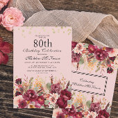 Pink Burgundy Floral Gold Glitter 80th Birthday Kaart