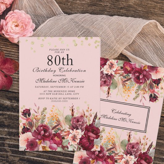 Pink Burgundy Floral Gold Glitter 80th Birthday Kaart