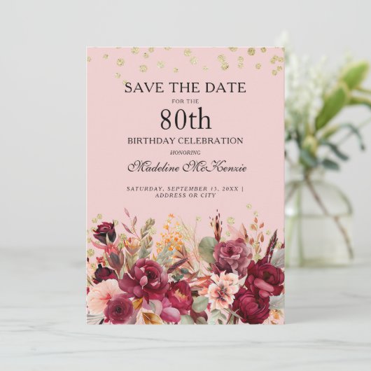 Pink Burgundy Floral Gold Glitter 80th Birthday Save The Date (Staand voorkant)