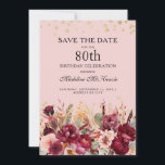 Pink Burgundy Floral Gold Glitter 80th Birthday Save The Date<br><div class="desc">Elegant roze en bordeaux waterverf bloemen en groen 80ste verjaardagsfeestje Save the Date met gouden glitter. Neem contact met mij op voor hulp bij maatwerk of om extra matching of coördinatie van Zazzle producten aan te vragen voor uw feest.</div>