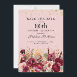 Pink Burgundy Floral Gold Glitter 80th Birthday Save The Date<br><div class="desc">Elegant roze en bordeaux waterverf bloemen en groen 80ste verjaardagsfeestje Save the Date met gouden glitter. Neem contact met mij op voor hulp bij maatwerk of om extra matching of coördinatie van Zazzle producten aan te vragen voor uw feest.</div>