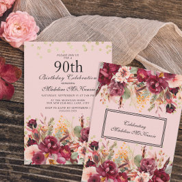 Pink Burgundy Floral Gold Glitter 90th Birthday Kaart