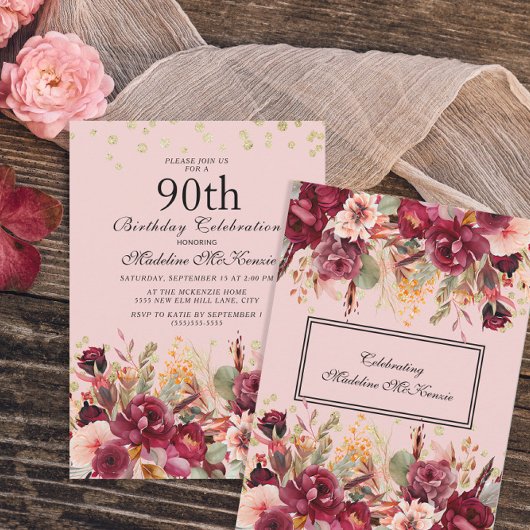 Pink Burgundy Floral Gold Glitter 90th Birthday Kaart