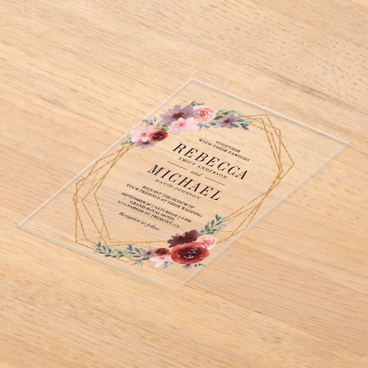 Pink Burgundy Floral Gold Wedding Acryl Uitnodigingen (Laagn)