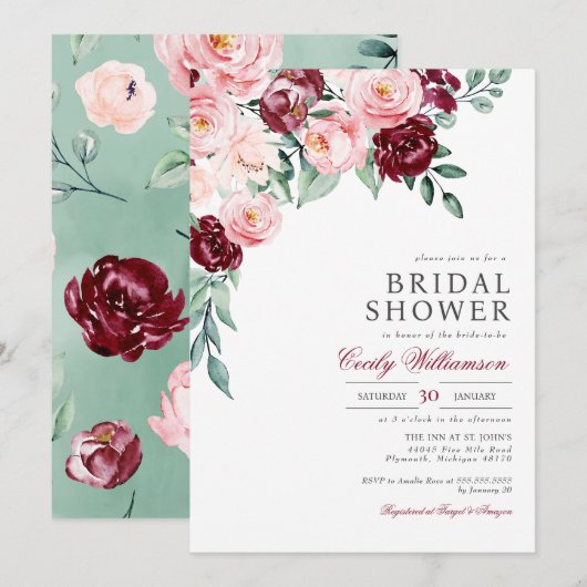 Pink Burgundy Floral Greenery Vrijgezellenfeest Kaart (Voorkant / Achterkant)