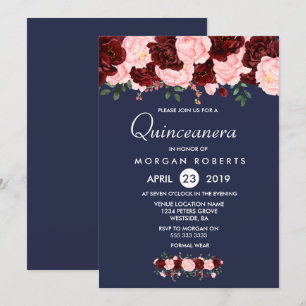 Pink Burgundy Floral Navy Blue Quinceanera Invite Kaart