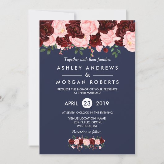 Pink Burgundy Floral Navy Blue Wedding Invite Kaart (Voorkant)