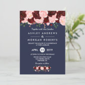 Pink Burgundy Floral Navy Blue Wedding Invite Kaart (Staand voorkant)