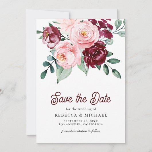Pink Burgundy Floral Photo Wedding Save The Date (Voorkant)
