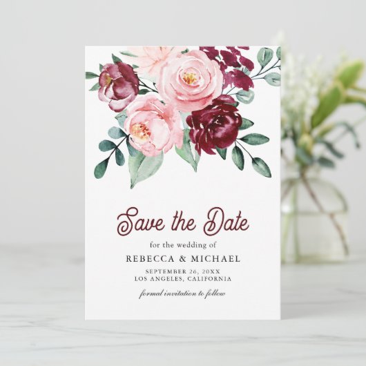 Pink Burgundy Floral Photo Wedding Save The Date (Staand voorkant)