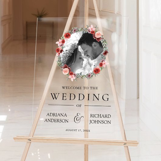 Pink Burgundy Floral Photo Wedding Welcome Sign Acryl Bord