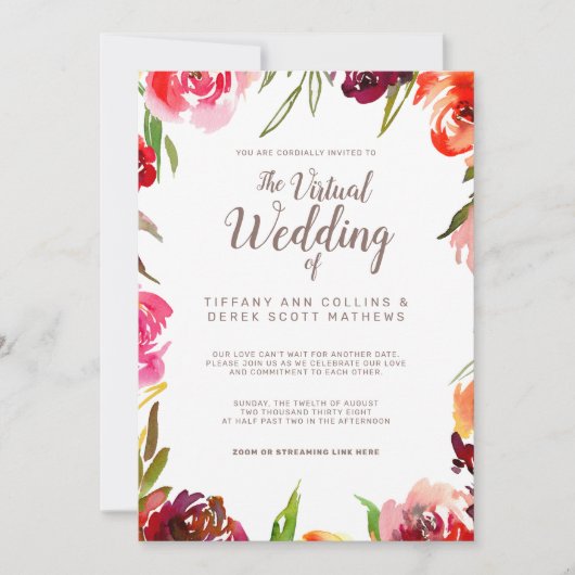 Pink Burgundy Floral Virtual Online Wedding Kaart (Voorkant)