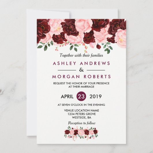 Pink & Burgundy Floral Waterverf Wedding Invite Kaart (Voorkant)