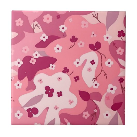 Pink Burgundy Flowery Camo Ceramic Tile Tegeltje (Voorkant)