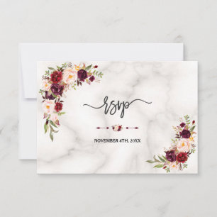 Pink Burgundy Marsala Floral Gold Marble Wedding RSVP Kaartje