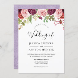 Pink Burgundy & Paarse Waterverf Floral Wedding Kaart