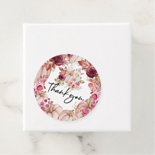 Pink Burgundy Pumpkin Floral Wedding Bedankjes Labels (In situ)
