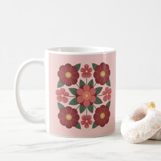 Pink Burgundy Red Flowers Mug Koffiemok (Met donut)