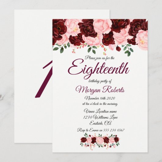 Pink Burgundy roos 18e verjaardag Uitnodiging (Voorkant / Achterkant)