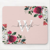 Pink Burgundy Waterverf Roos Floral Monogrammed Muismat (Voorkant)