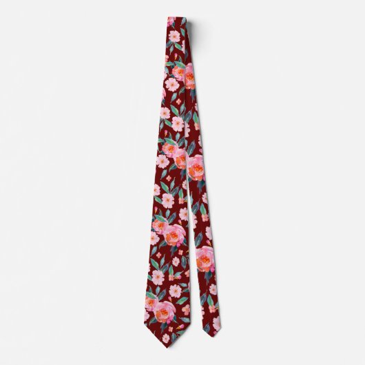 Pink Burgundy Waterverf Roos Pattern Weddenschap Stropdas (Voorkant)