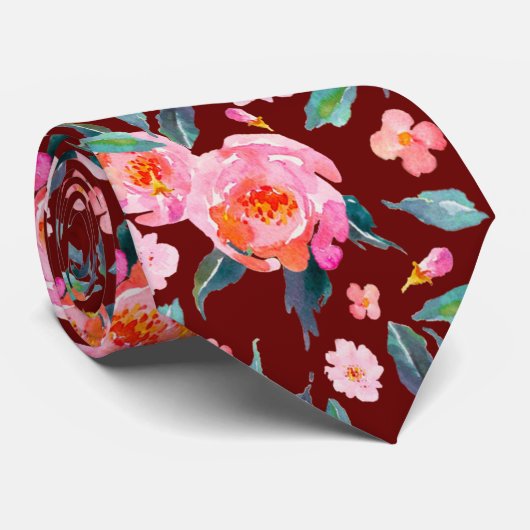 Pink Burgundy Waterverf Roos Pattern Weddenschap Stropdas (Opgerold)