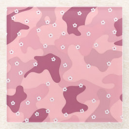 Pink Burgundy White Flowers Camo Glass Coaster Glazen Onderzetter