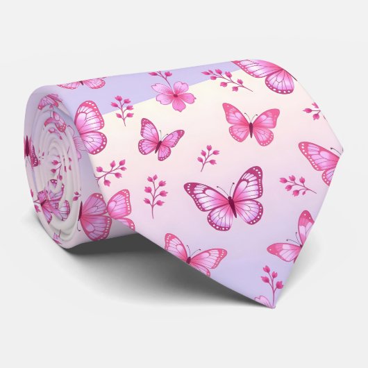 Pink butterflies and flowers pattern stropdas (Opgerold)