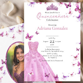 Pink Butterflies Dress and Tiara Photo Quinceanera Kaart