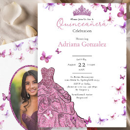 Pink Butterflies Dress and Tiara Photo Quinceanera Kaart