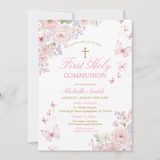 Pink Butterflies Dusty Floral First Holy Communion Kaart (Voorkant)