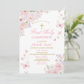 Pink Butterflies Dusty Floral First Holy Communion Kaart (Staand voorkant)