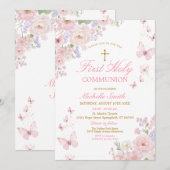Pink Butterflies Dusty Floral First Holy Communion Kaart (Voorkant / Achterkant)