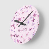 Pink Butterflies Pattern Custom Name Ronde Klok (Hoek)