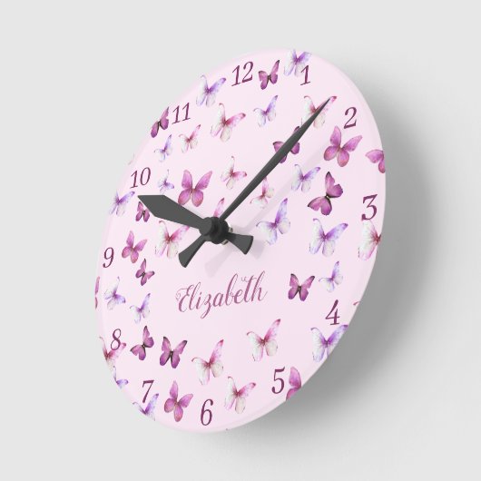 Pink Butterflies Pattern Custom Name Ronde Klok (Hoek)