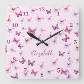 Pink Butterflies Pattern Custom Name Vierkante Klok (Voorkant)