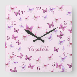 Pink Butterflies Pattern Custom Name Vierkante Klok