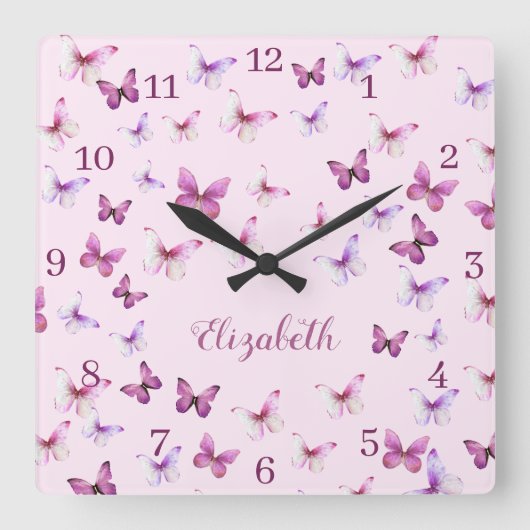 Pink Butterflies Pattern Custom Name Vierkante Klok (Voorkant)