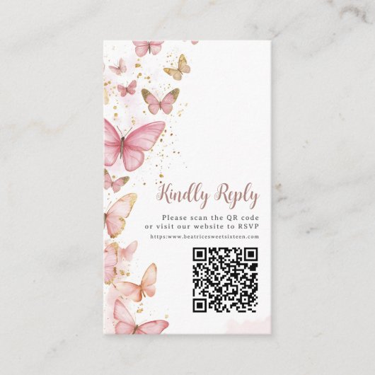 Pink Butterflies Sweet Sixteen Quinceanera QR RSVP Informatiekaartje (Voorkant)