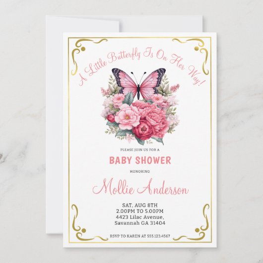 Pink Butterfly and Flowers Baby shower Kaart (Voorkant)