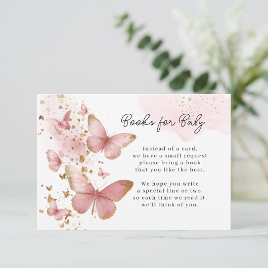 Pink Butterfly Baby Book Request Card Informatiekaartje (Staand voorkant)