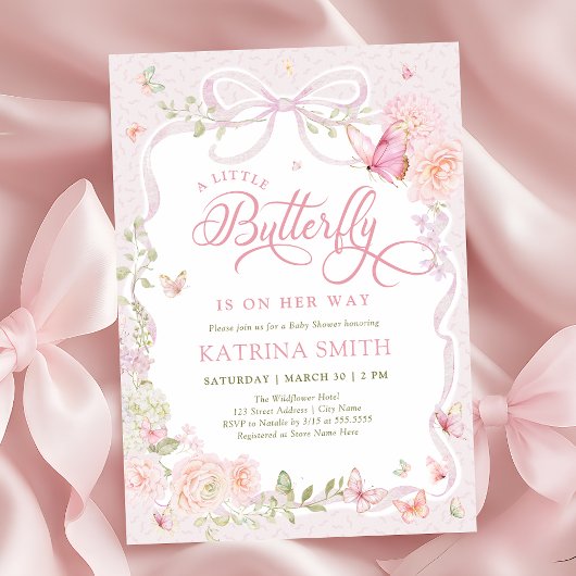 Pink Butterfly Baby Girl Baby Shower Kaart