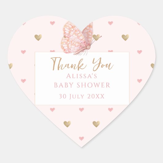 Pink Butterfly Baby shower Bedankt Hart Sticker (Voorkant)